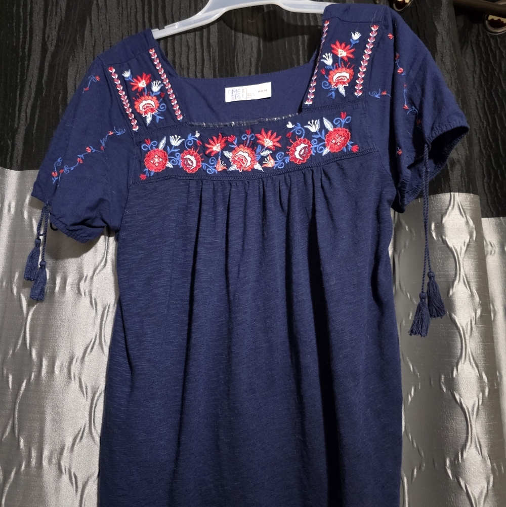 Navy Blue Embroidered Top with Tassels